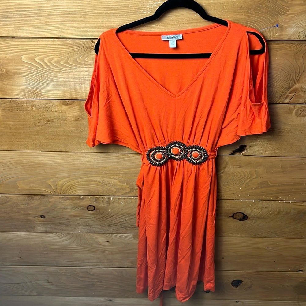 Dress Barn Women’s Orange V-Neck‎ Dress Floral Belt Dolman Sleeve Mini Event Y2K
